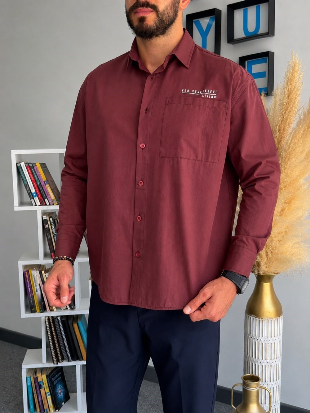 Bordo Yazlık Oversize Baskılı Cepli Gömlek