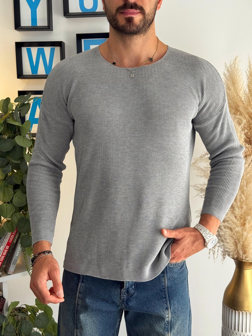 Gri Açık Yaka İnce Triko Sweat 