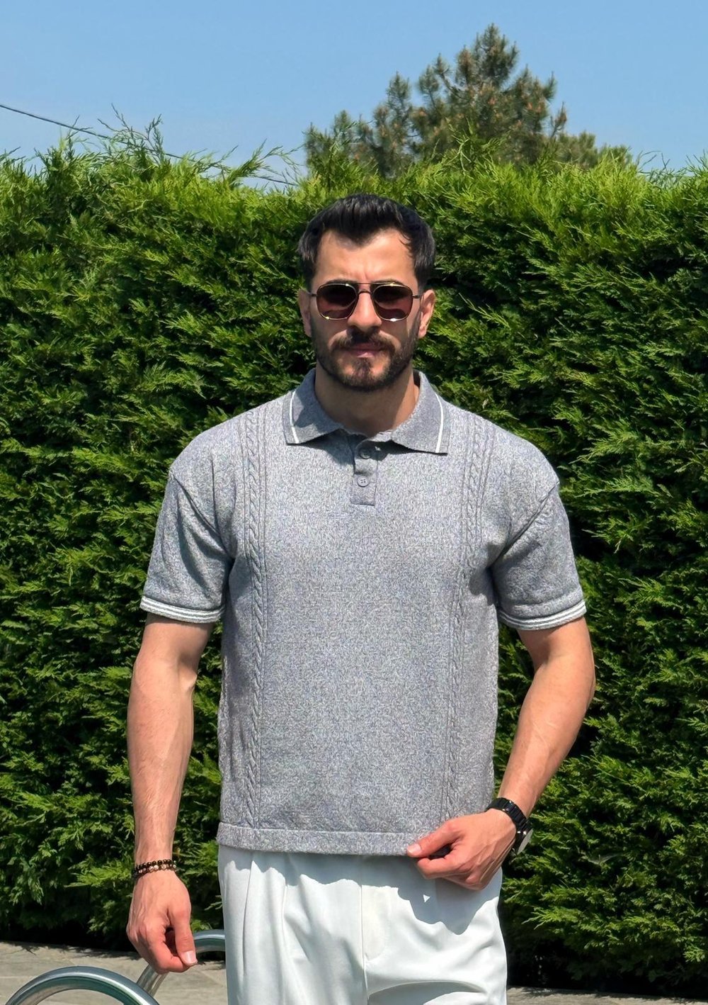 Gri Yazlık Dokulu Polo Yaka Triko Tişört