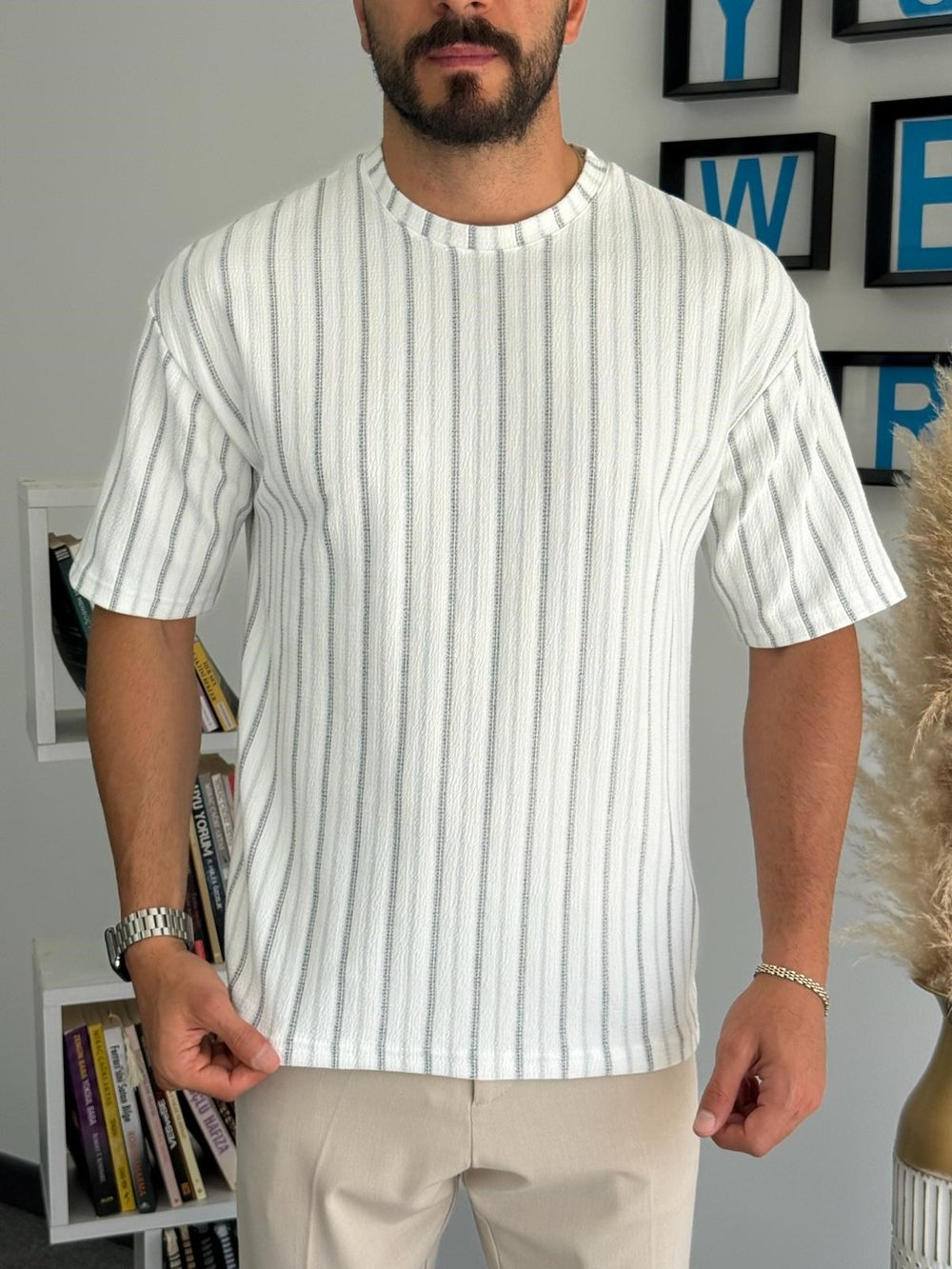 Gri-Yeşil Yarım Oversize çizgili Bisiliklet Yaka T-Shirt