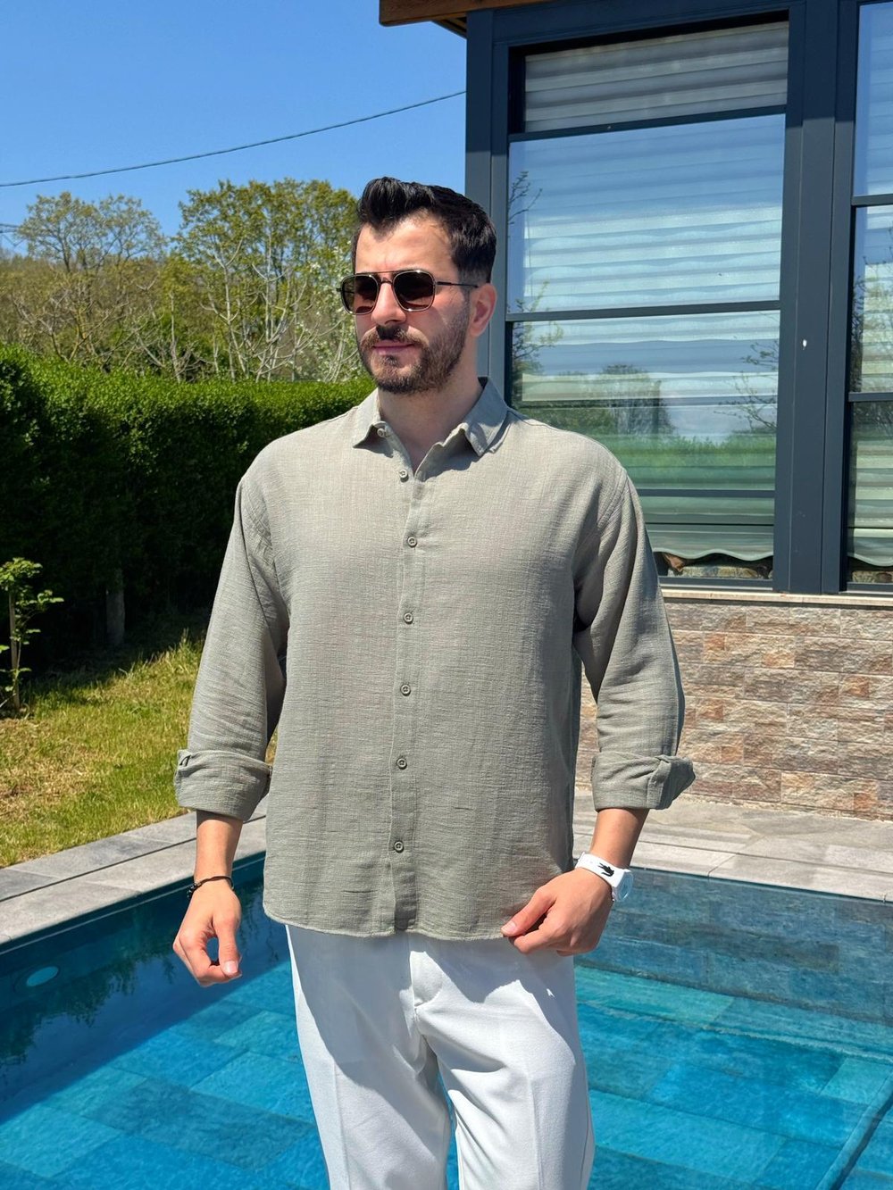 Haki Ham Keten Yazlık Yarım Oversize Gömlek