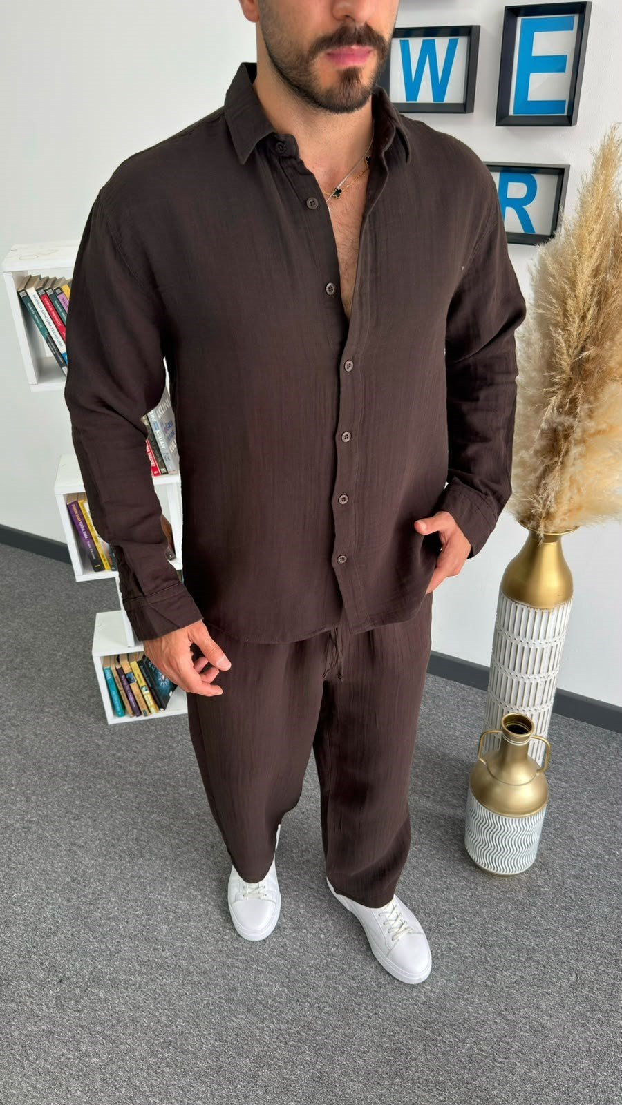 Kahverengi Müslin Keten Gömlek & Pantolon Takım (Gömlek:G121, Pantolon:J207)