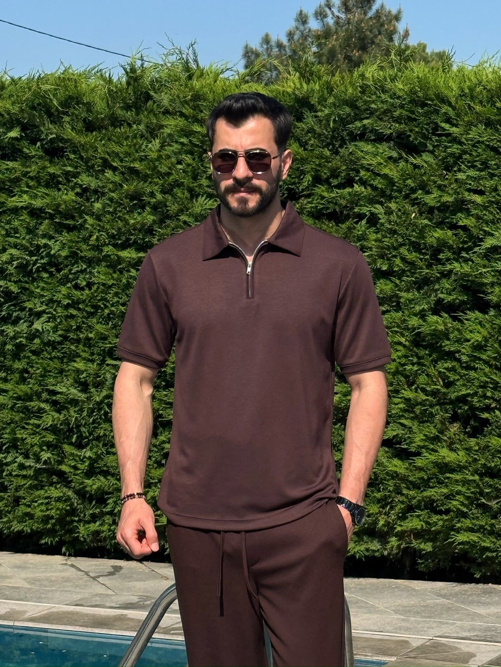 Kahverengi Osyh Kumaş Yarım Fermuarlı T-Shirt