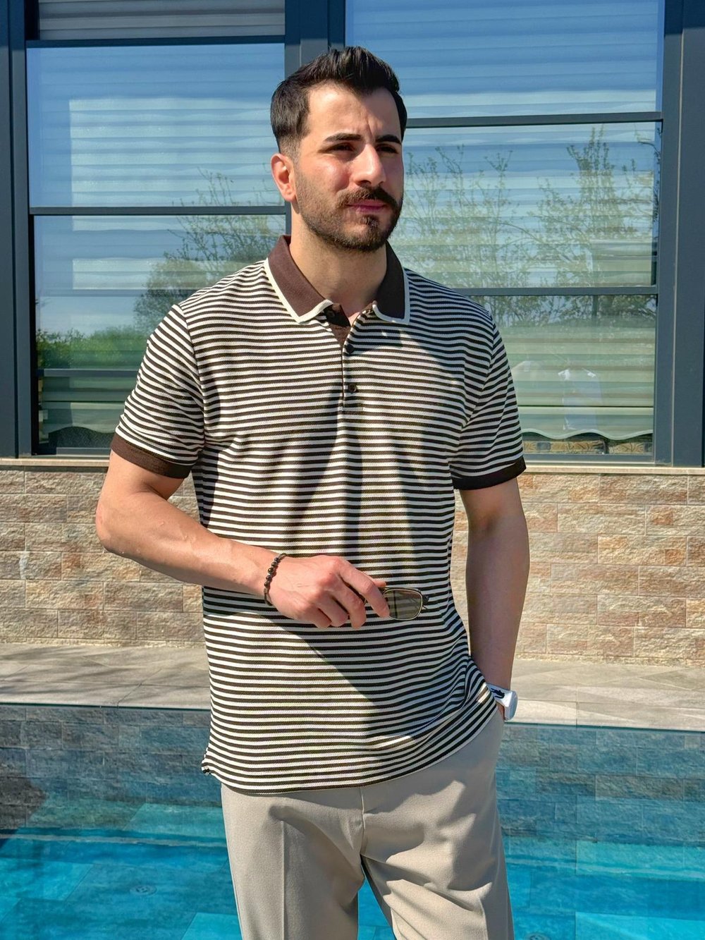 Kahverengi Şeritli Regular Kalıp Polo Yaka T-shirt