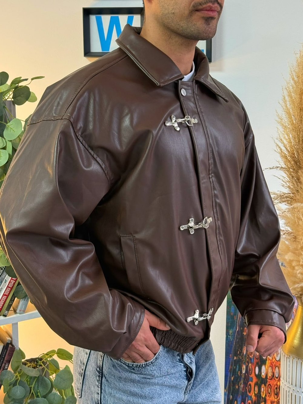 Kahverengi Vintage Oversize Tokalı Deri Mont