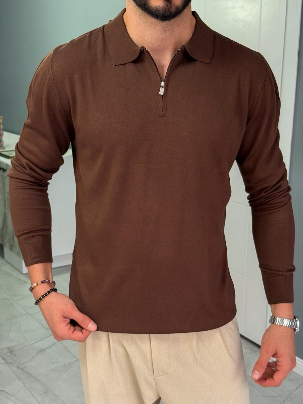 Kahverengi Yarım Fermuarlı Triko Sweat