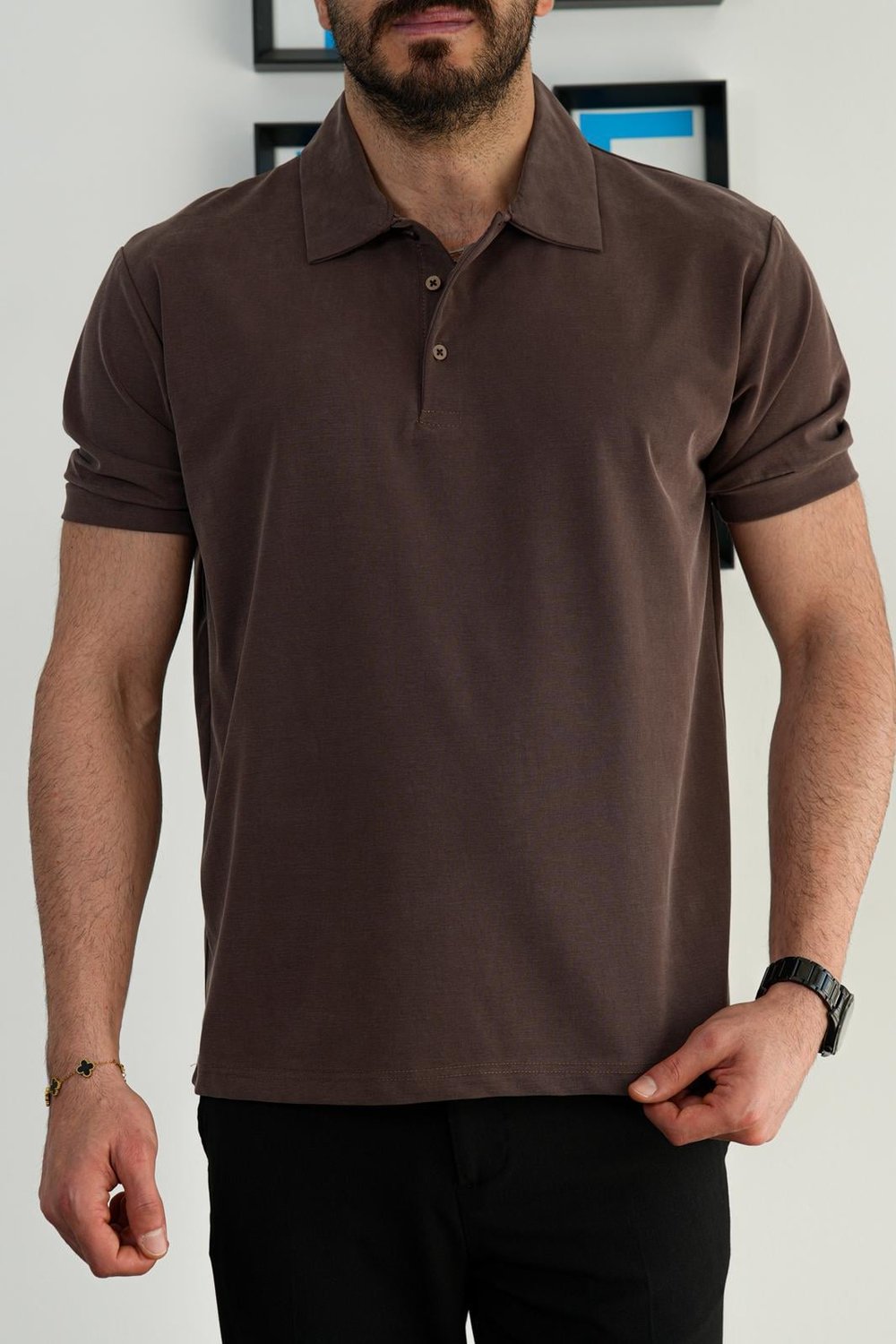Kahverengi Yazlık Osyho Kumaş Likralı Tam Kalıp Polo T-Shirt