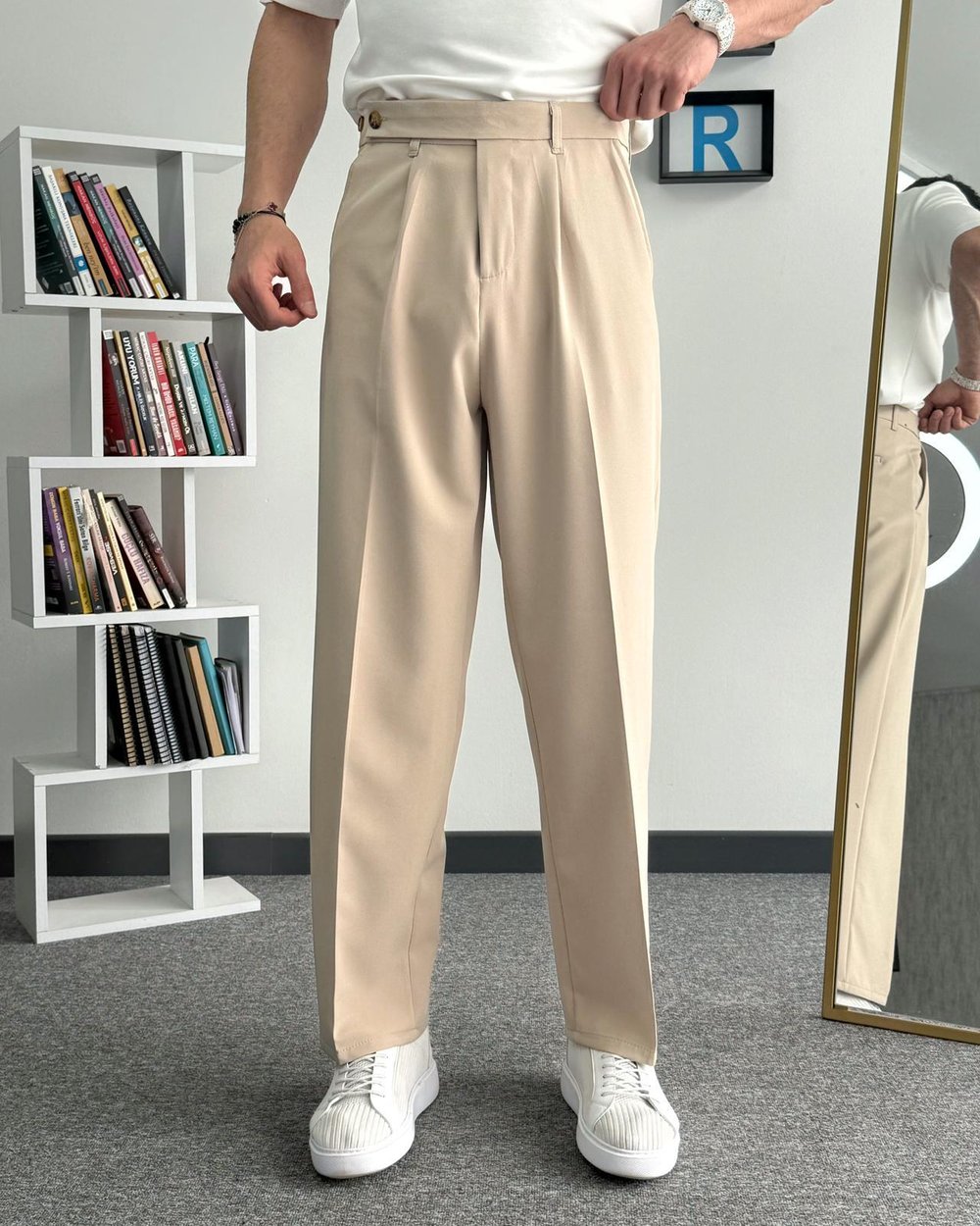 Krem Çift Düğmeli Pileli Baggy Kumaş Pantolon