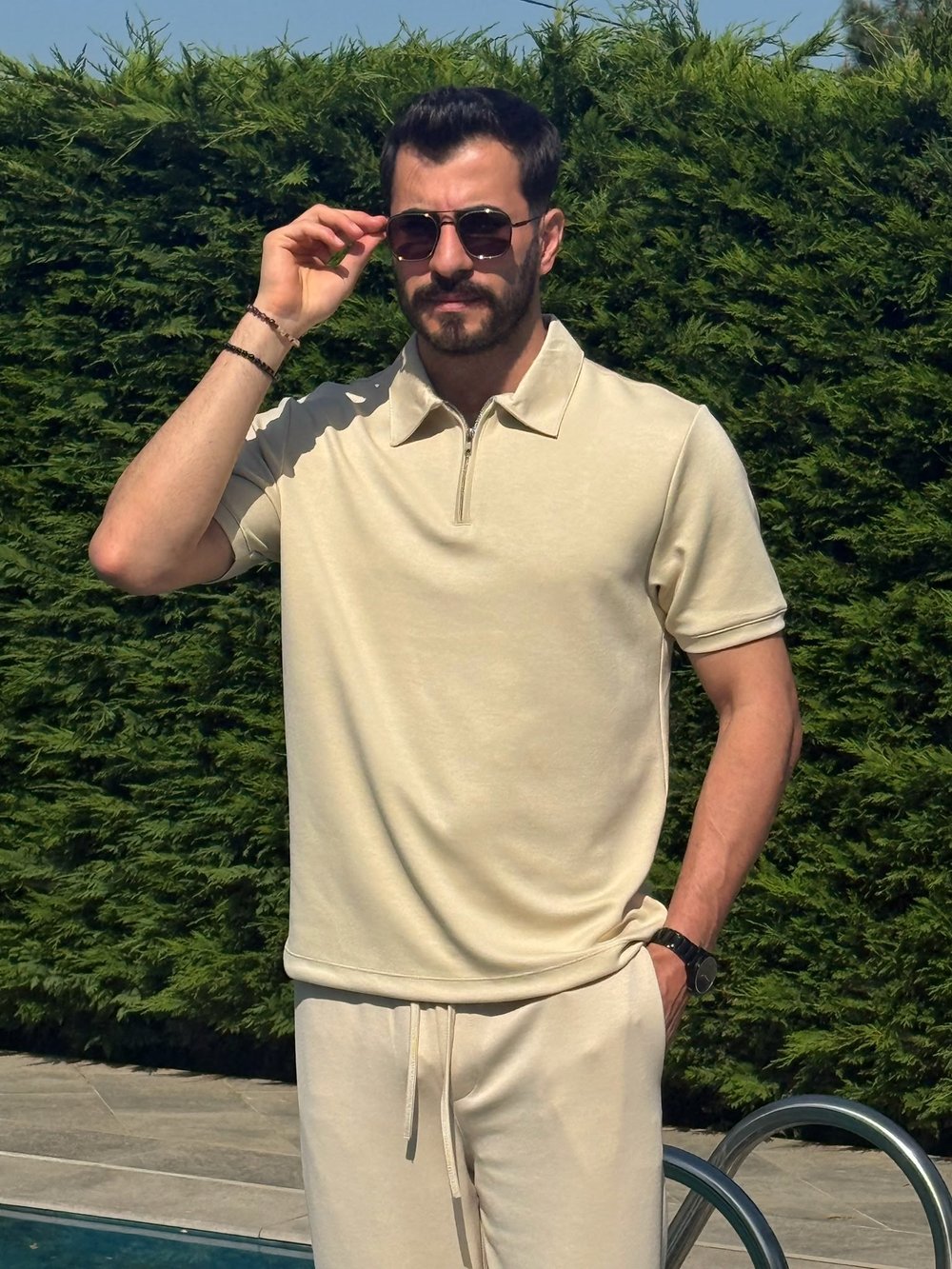 Krem Osyh Kumaş Yarım Fermuarlı T-Shirt
