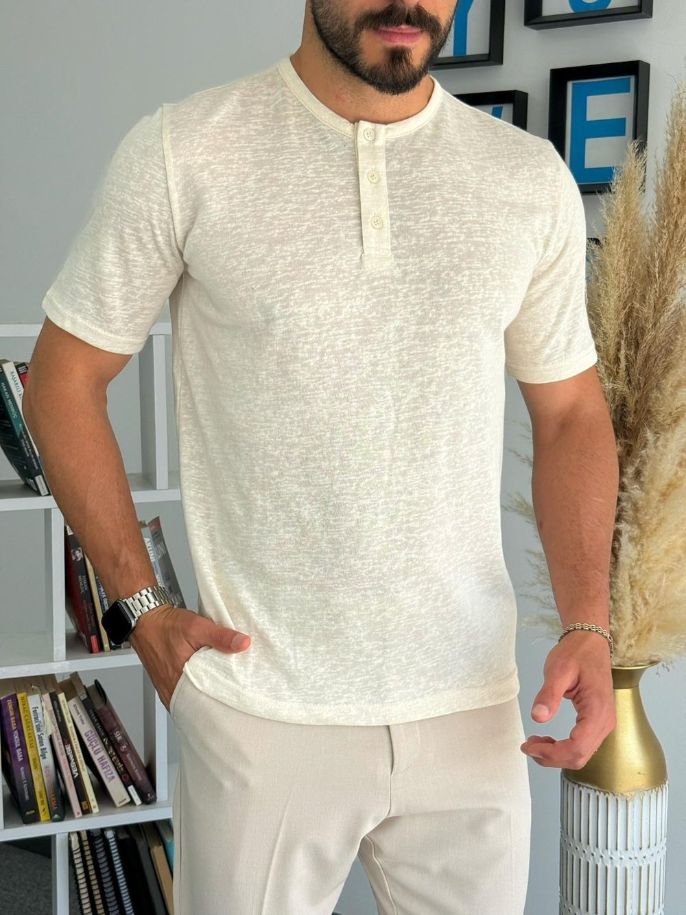 Krem Pamuklu Basic Düğmeli T-Shirt