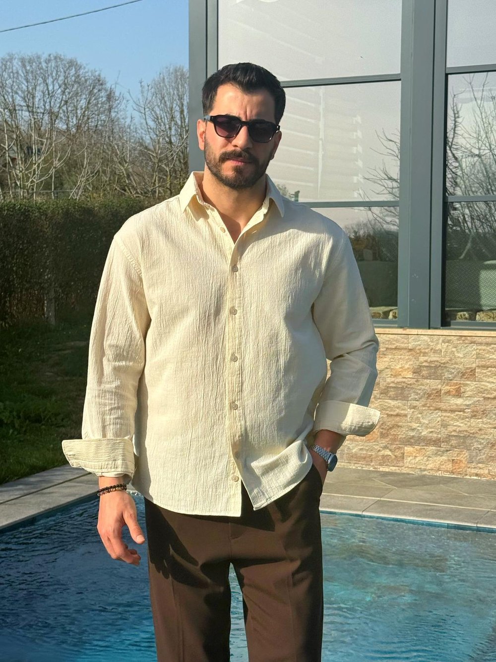 Krem Premium Fit Krinkıl Keten Gömlek