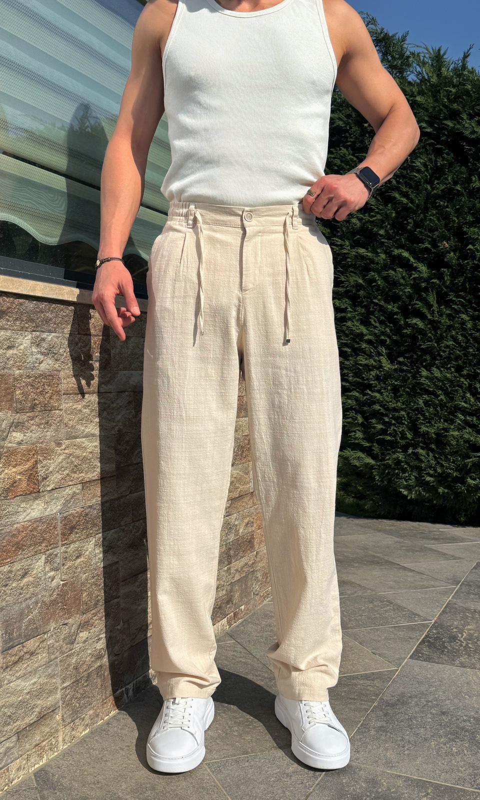 Krem Yazlık Premium Keten Baggy Pantolon