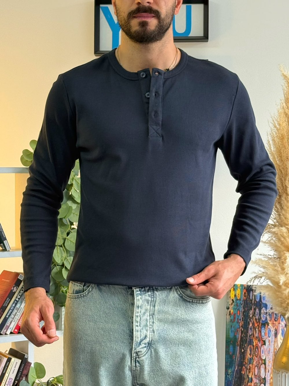 Lacivert Henley Yaka Uzun Kollu Sweat