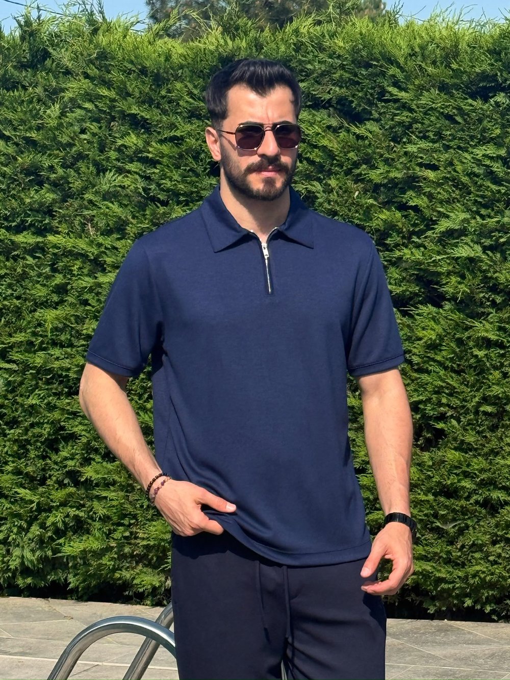 Lacivert Osyh Kumaş Yarım Fermuarlı T-Shirt