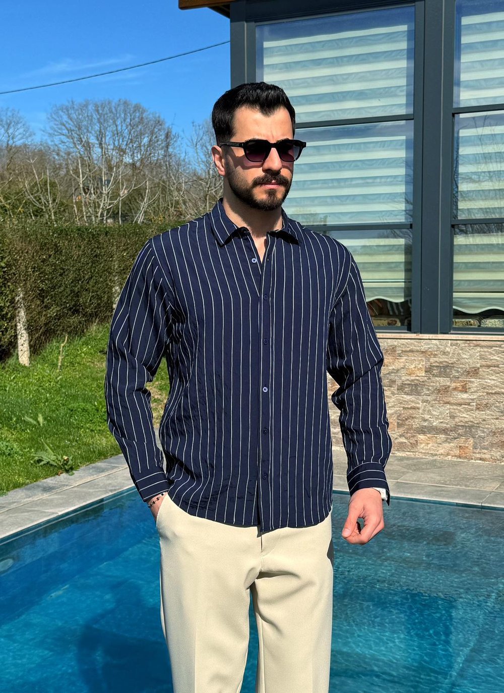 Lacivert Premium Yazlık İnce Çizgili Gömlek