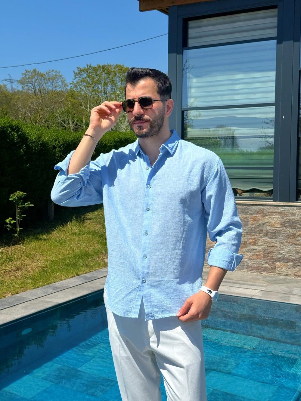 Mavi Ham Keten Yazlık Yarım Oversize Gömlek