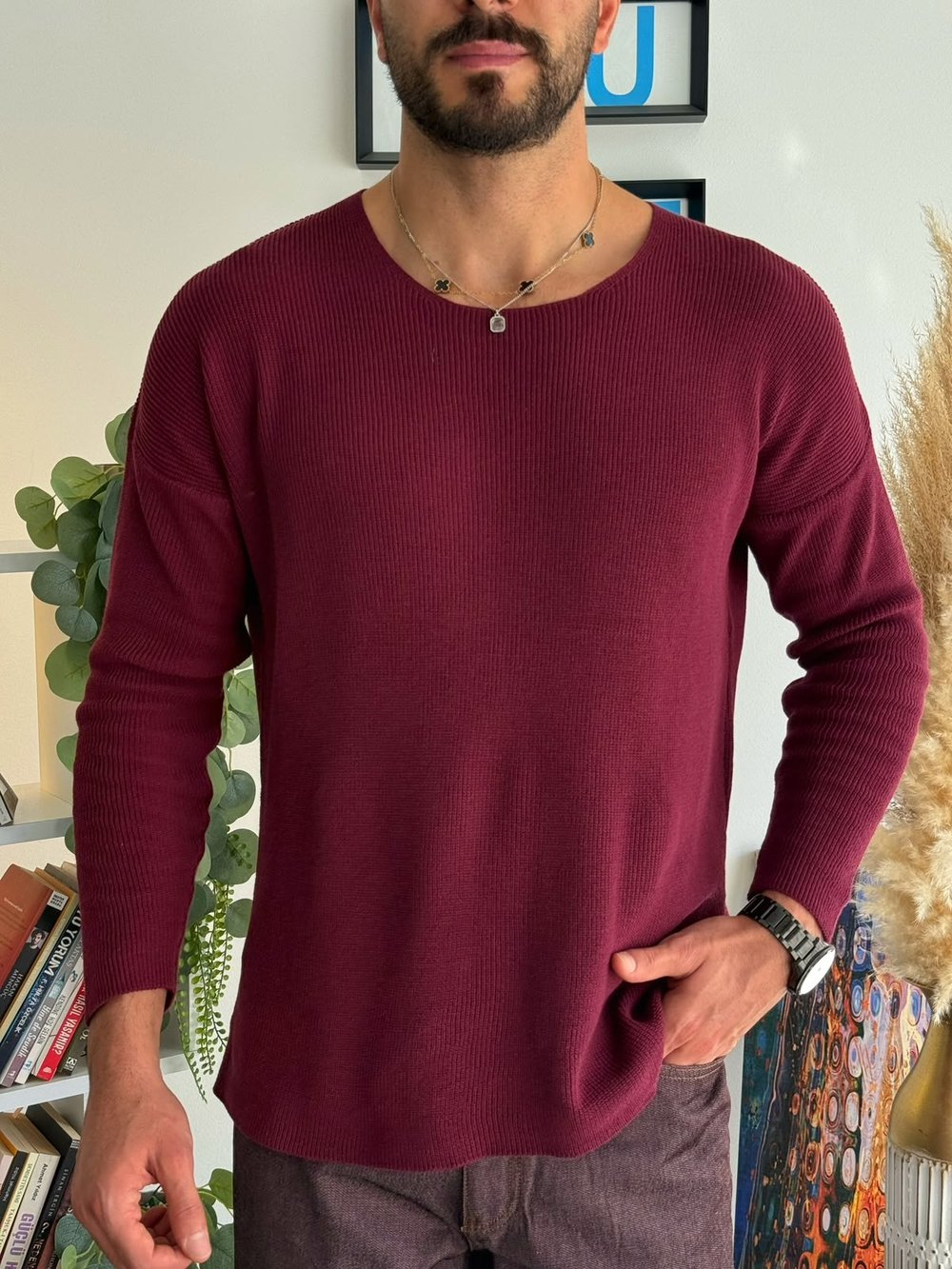Mürdüm Açık Yaka İnce Triko Sweat