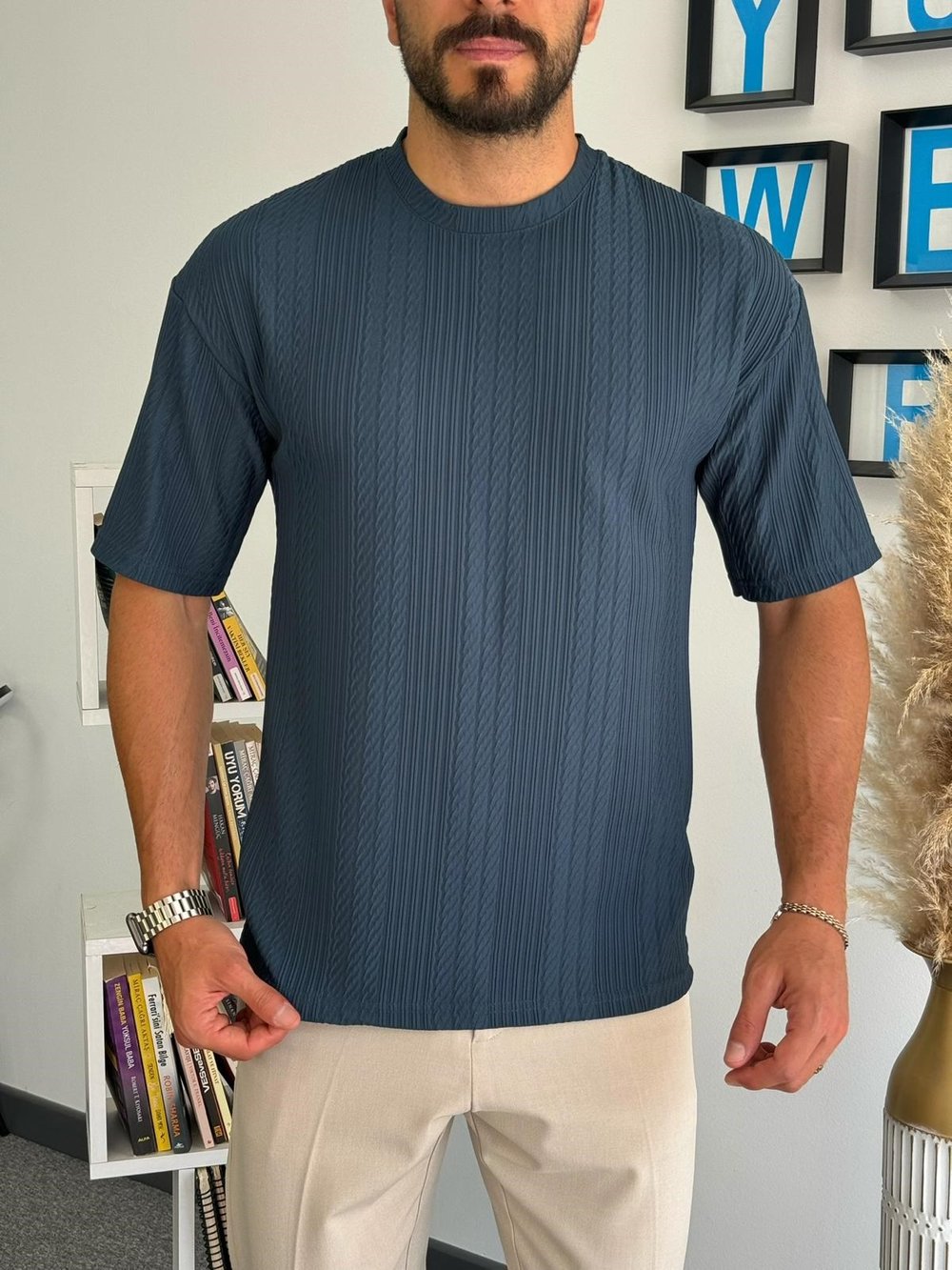 Petrol Mavi Kalın Çizgili Yarım Oversize T-Shirt
