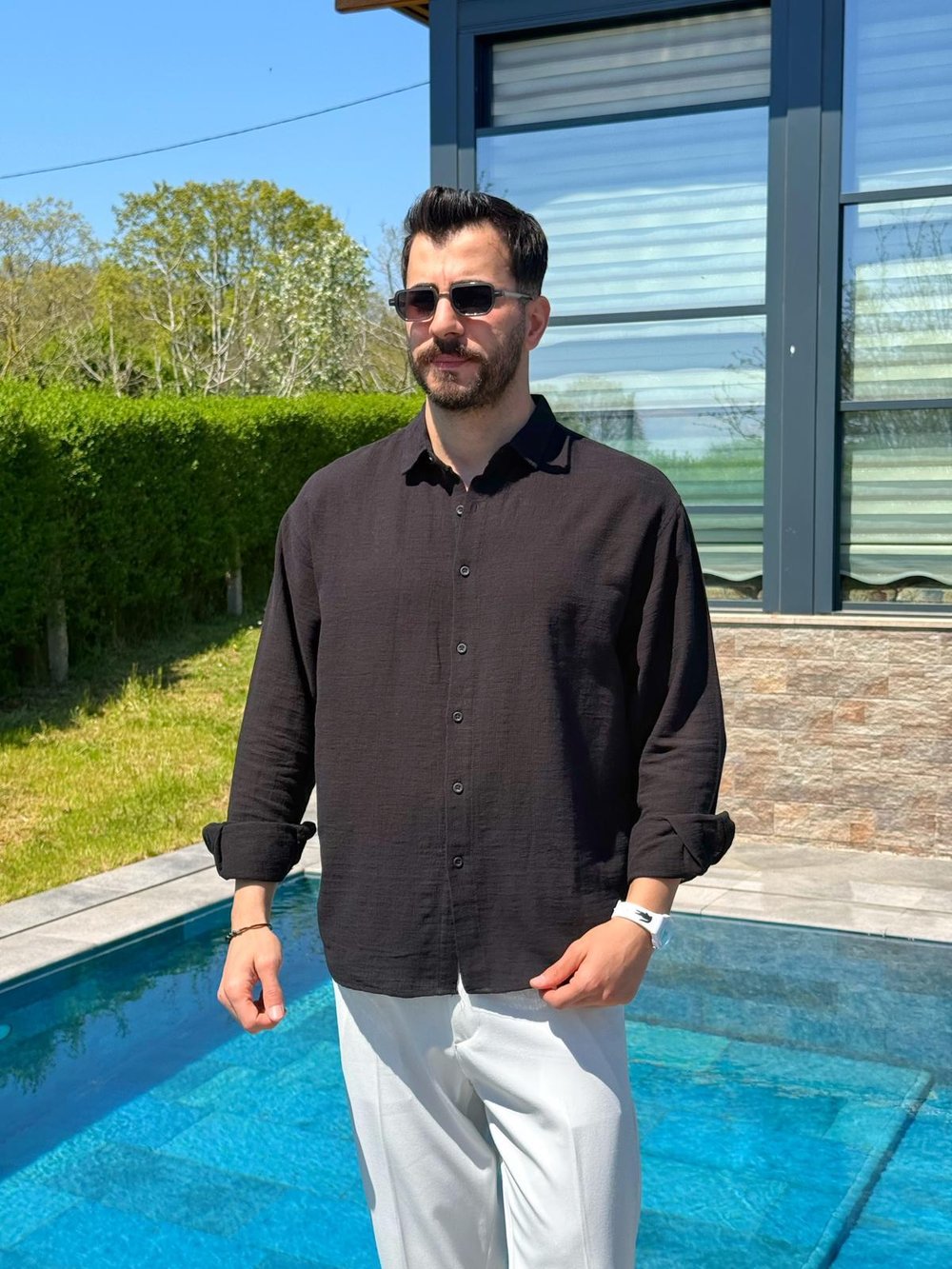 Siyah Ham Keten Yazlık Yarım Oversize Gömlek