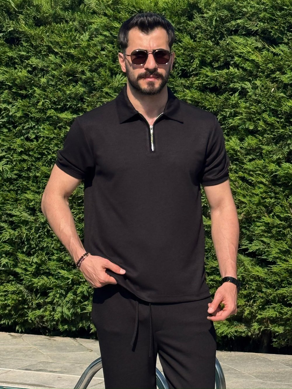 Siyah Osyh Kumaş Yarım Fermuarlı T-Shirt