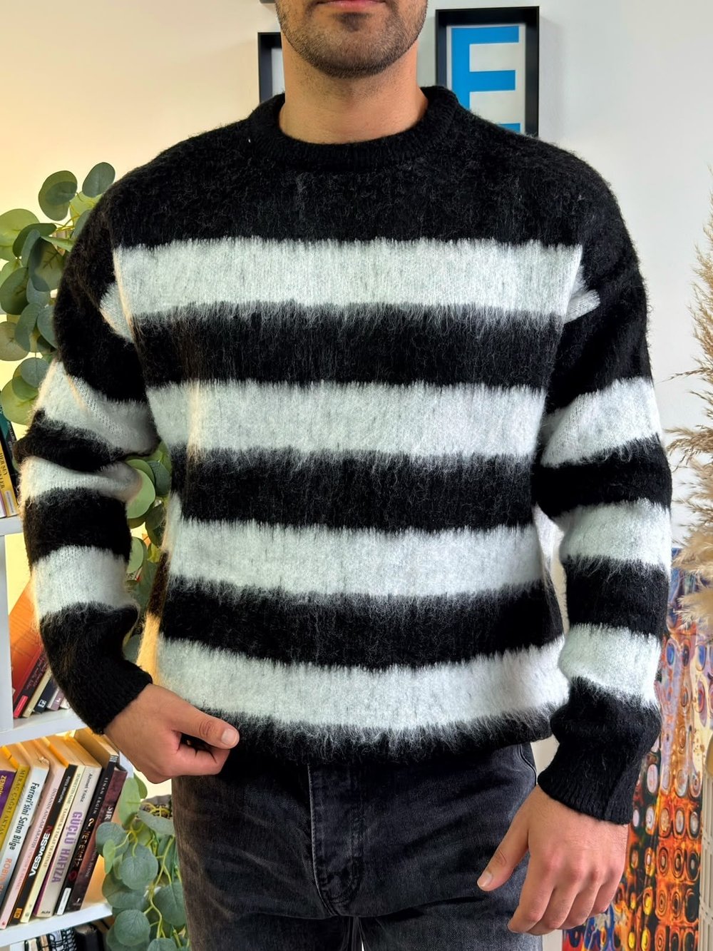 Siyah Premium Dokulu Oversize Çizgili Triko Kazak