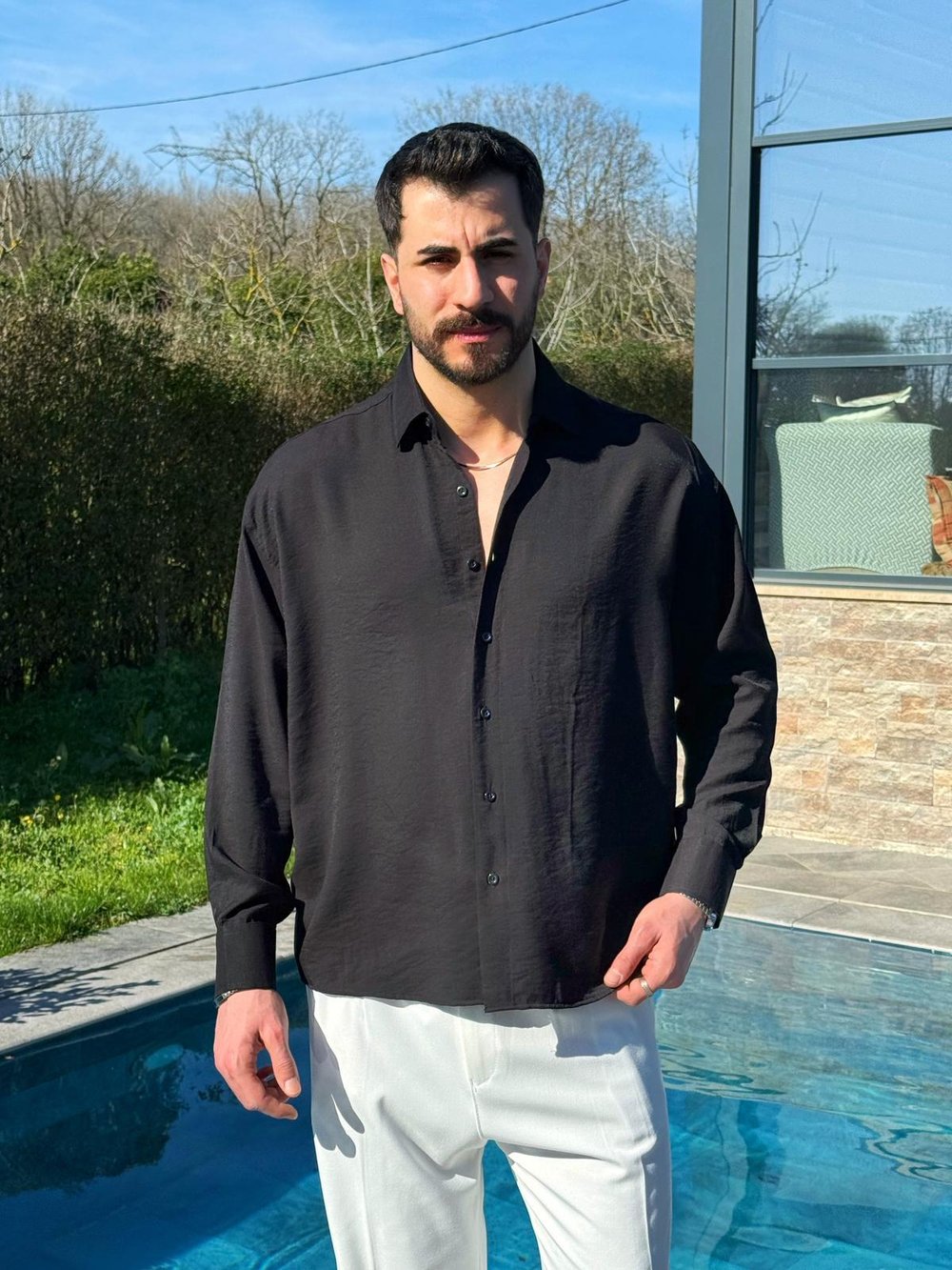 Siyah Viskon Keten Oversize Gömlek