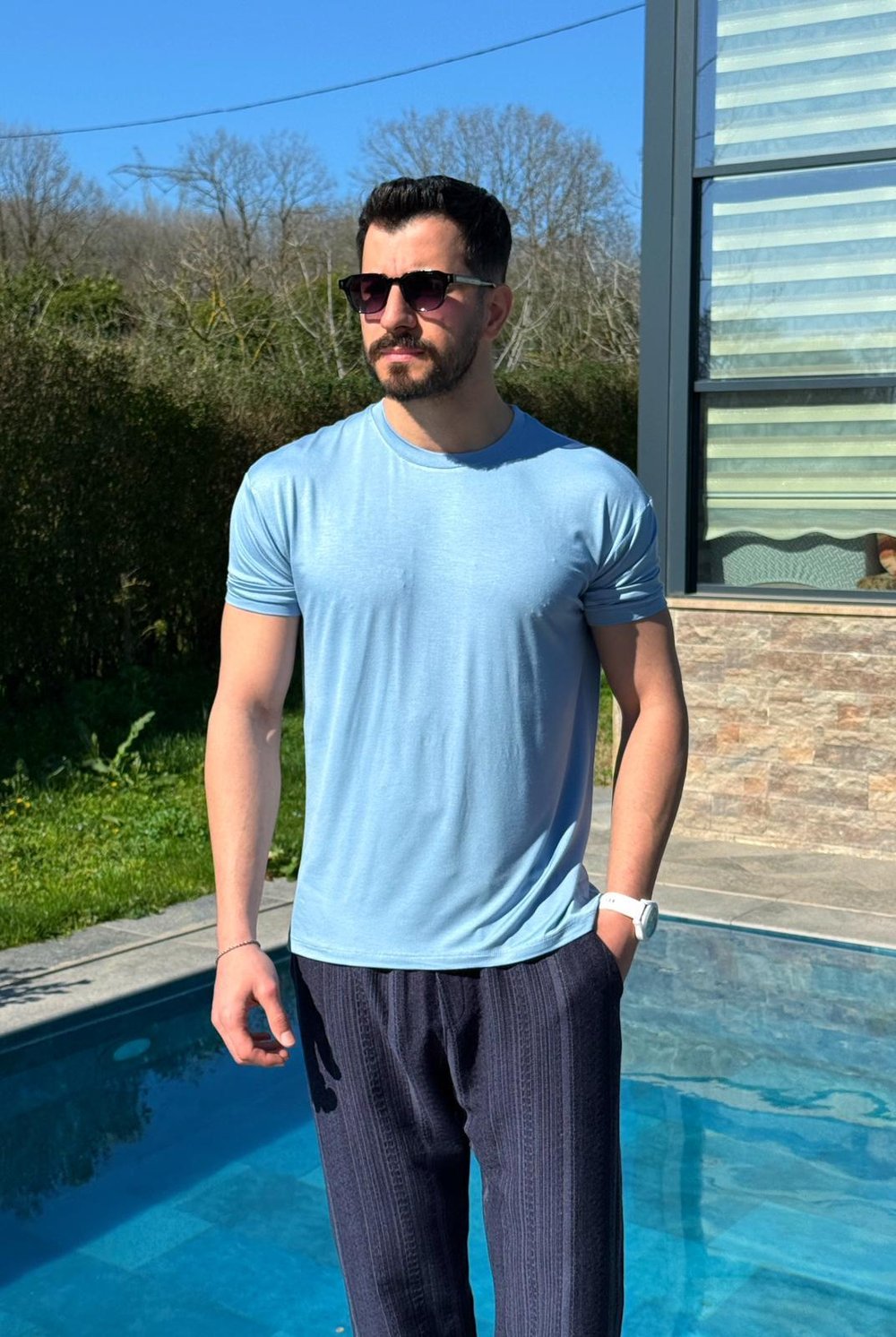 Süet Kumaş T-Shirt Mavi