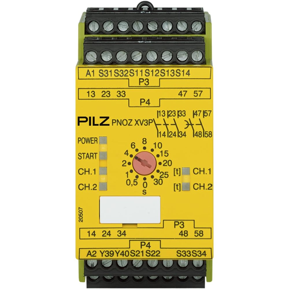 777510 PNOZ XV3P 30/24VDC Emniyet Rölesi – 3 N/O + 2 N/C, 0,1-30 sn Ayarlanabilir, E-STOP ve Emniyet Kapısı