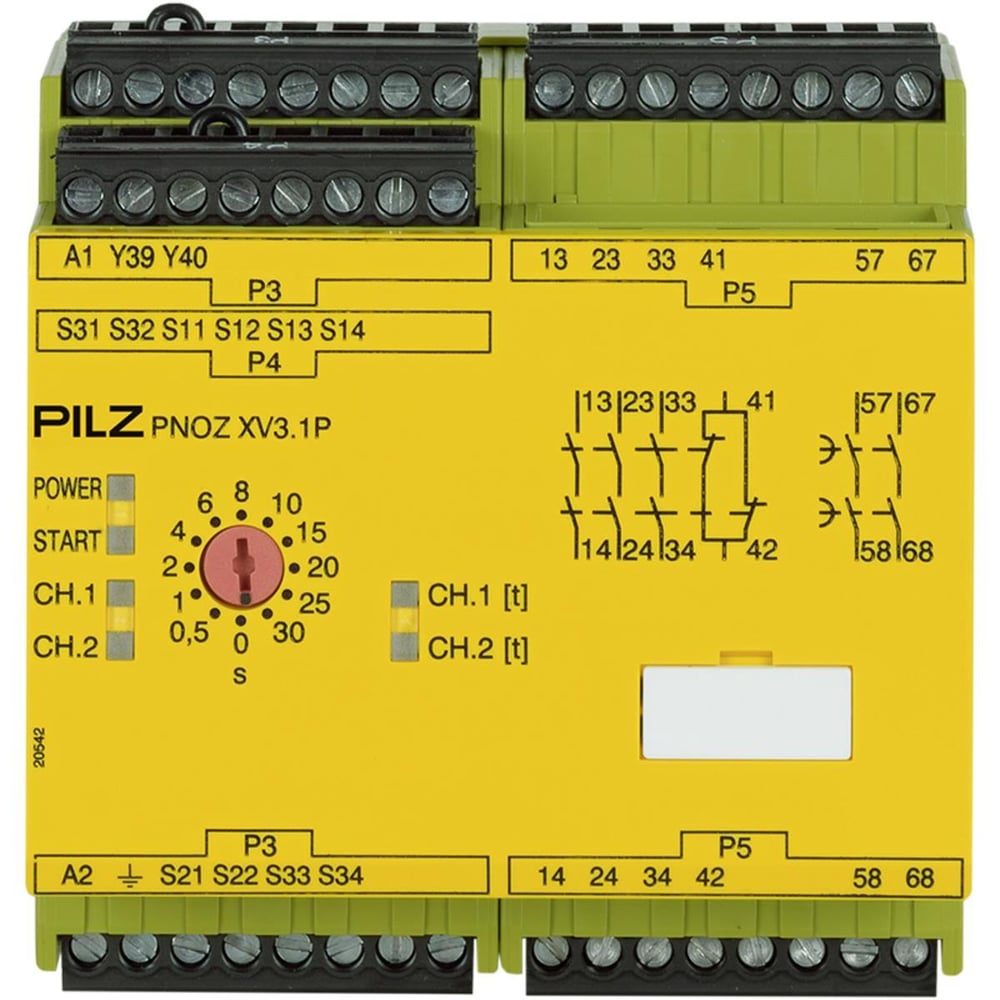 777522 PNOZ XV3.1P 3/24VDC Emniyet Rölesi – 3 N/O + 1 N/C + 2 N/O t-d, 0,1–3 sn, E-STOP ve Emniyet Kapısı