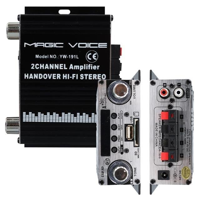 MagicVoice YW-191L 12 Volt 100 Watt Motosiklet Bluetooth Amfi USB/SD 2 Kanal Pazarcı - Anfi (125X95X40mm)