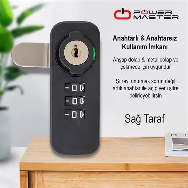 PowerMaster PM-26726 3 Haneli Şifreli Ve Anahtarlı Mekanik Siyah Çekmece Dolap Kilidi (Sağ)