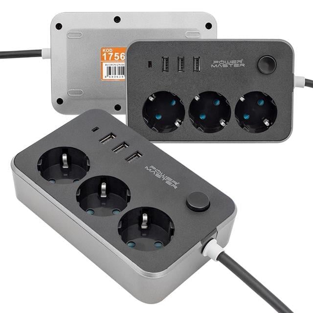 Powermaster 3 USB Çıkışlı 1.8 Metre Kablolu 3lü Akım Korumalı Priz (10A-2500 Watt) PM-17564