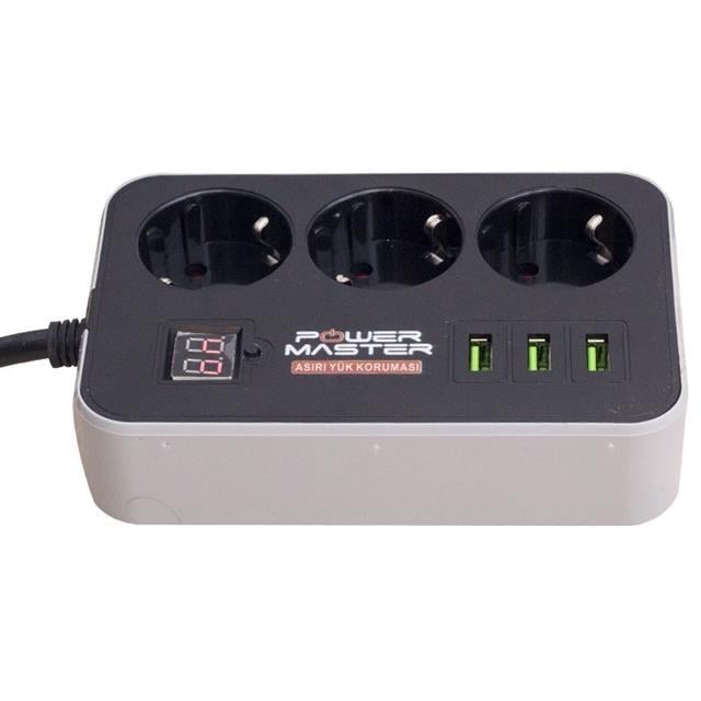 Powermaster 3 Usb Çıkışlı Dijital Ekranlı 10A-2500 W Siyah 1.8 Metre Kablolu 3lü Akım Korumalı Priz PM-18530