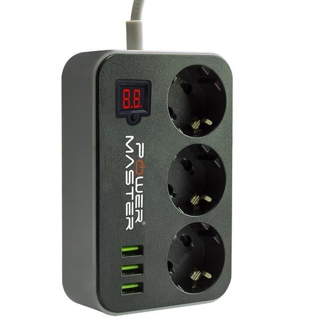 Powermaster 3 Usb Çıkışlı Dijital Ekranlı 10A-2500 W Siyah 1.8 Metre Kablolu 3lü Akım Korumalı Priz PM-18530