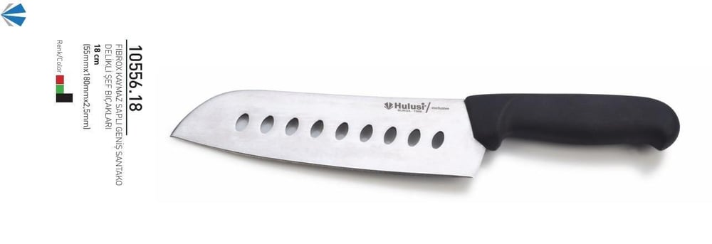 Şef Bıçağı 18 cm Delikli Fibrox Kaymaz Saplı Geniş Santako Hulusi Bıçak 55mm X 180mm X 2,5mm 10556.18
