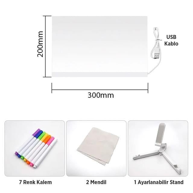 Sunup SN-27128 Dekoratif LED Aydınlatmalı Şeffaf Işıltılı Yazı - Çizim Panosu Tableti - 7 Renk Kalemli Set
