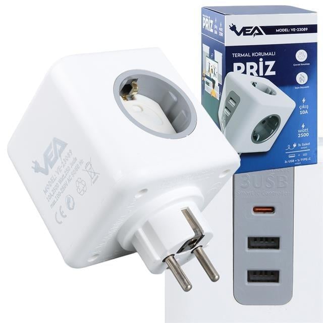 VEA VE-23089 2x USB 1x Type-C 3lü Çocuk Ve Termal Korumalı Grup Priz