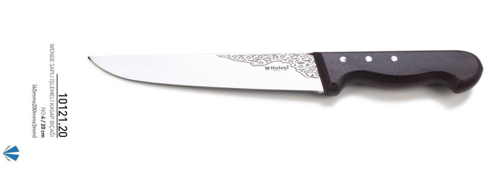 Wenge Saplı İşlemeli Kasap Bıçağı 20 cm No.4 Hulusi Bıçak 40mm X 200mm X 3mm 10121.20