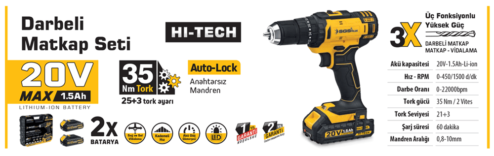 AKÜLÜ VİDALAMA SETİ DARBELİ 20 VOLT 2*1.5Ah