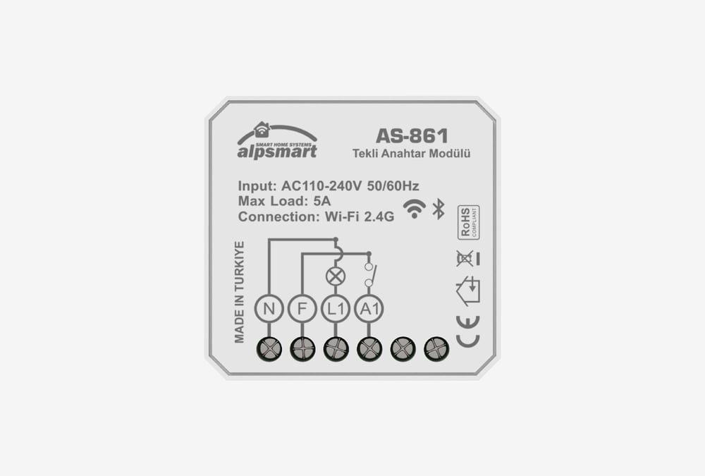Alpsmart AS-861 Tekli Akıllı Wi-Fi Anahtar Modülü
