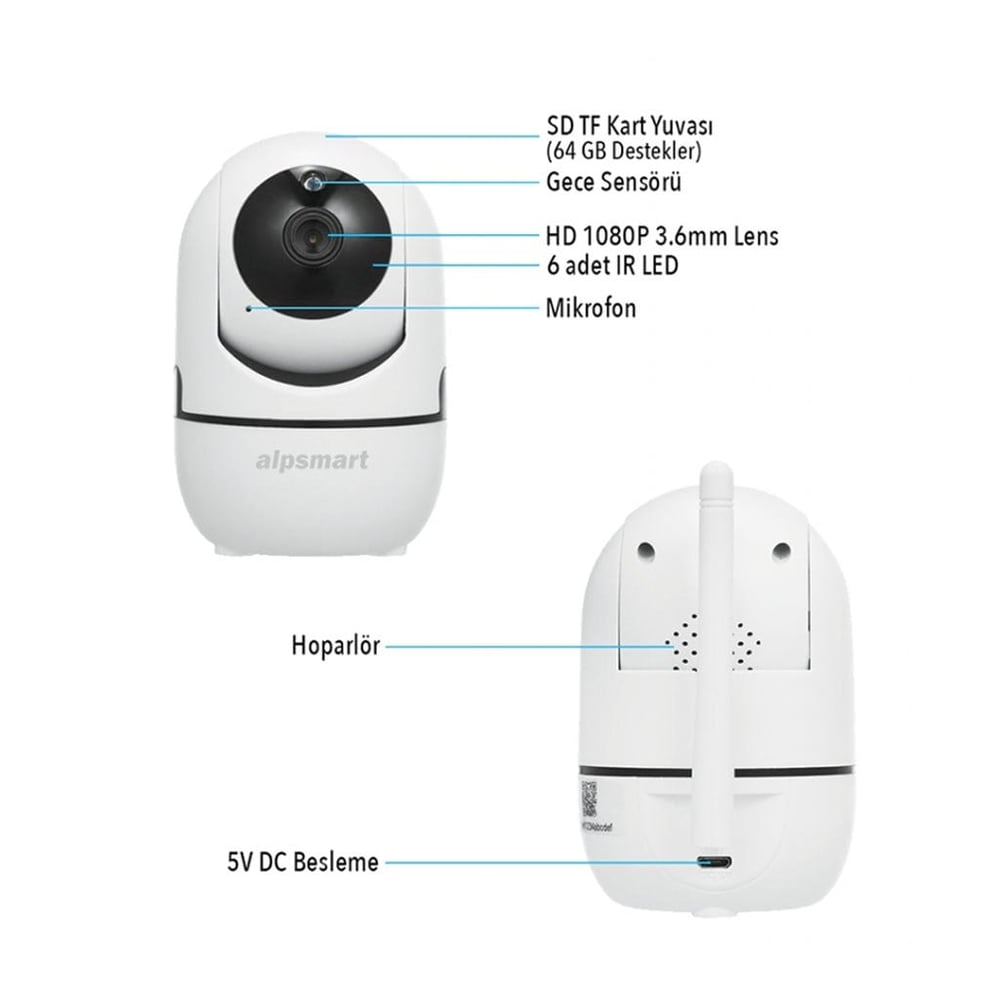 Alpsmart AS680-IP Akıllı WiFi IP Kamera 2MP 360° Panoramik Kamera