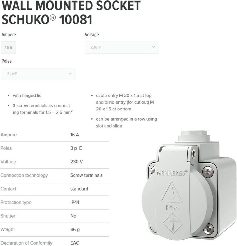 Mennekes 10081 Duvar Tipi Priz SCHUKO 16A 230V IP44