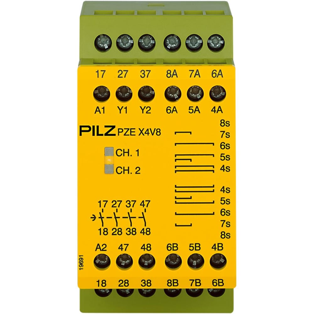 Pilz 774584 PZE X4V 8/24VDC Kontak Genişletme Bloğu – Emniyet Rölesi Modülü, 4 N/O, 4–8 sn Ayarlı