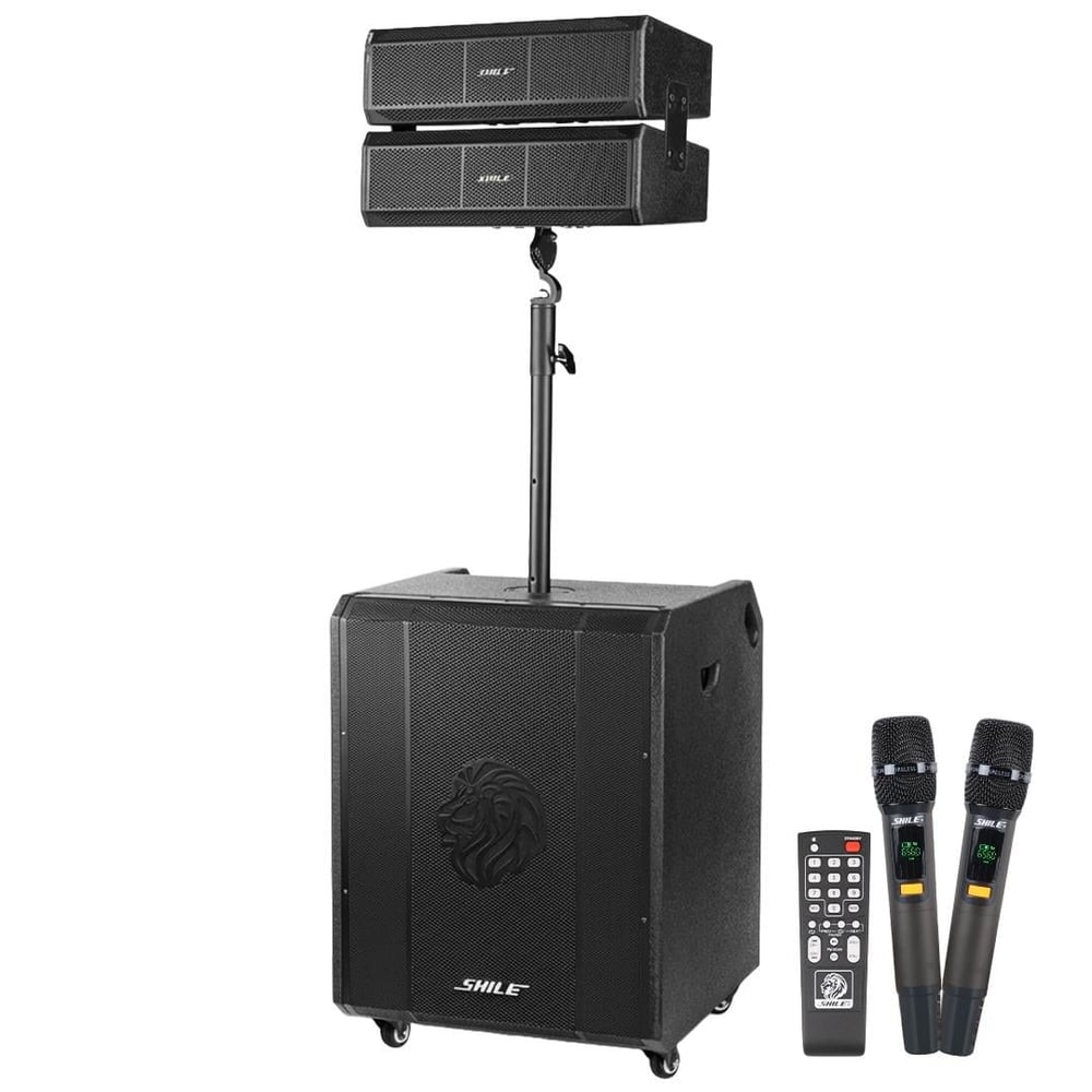 Shile SL-9 400W Aktif Kule Ses Sistemi 2 Adet Kablosuz Mikrofonlu Tekerlekli MDF Kasa Bluetooth/TWS/DSP Destekli PA Seti