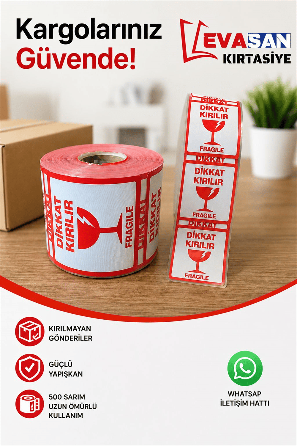 70X80 DİKKAT KIRILIR YAPIŞKANLI ETİKET 500 SARIM