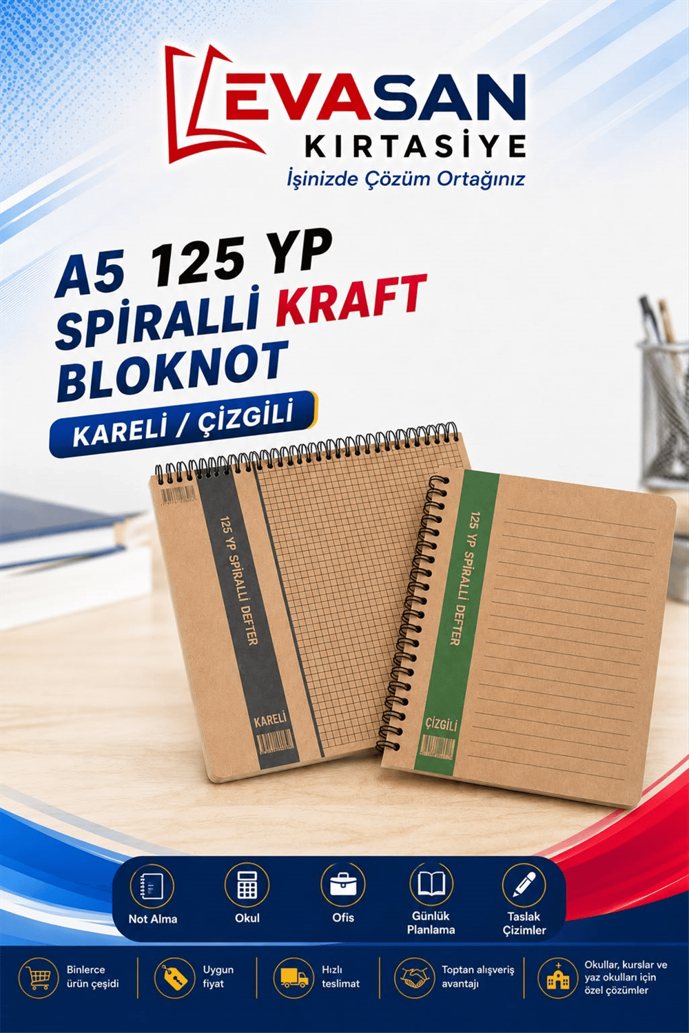 A5 125 YP SPİRALLİ KARELİ KRAFT BLOKNOT 
