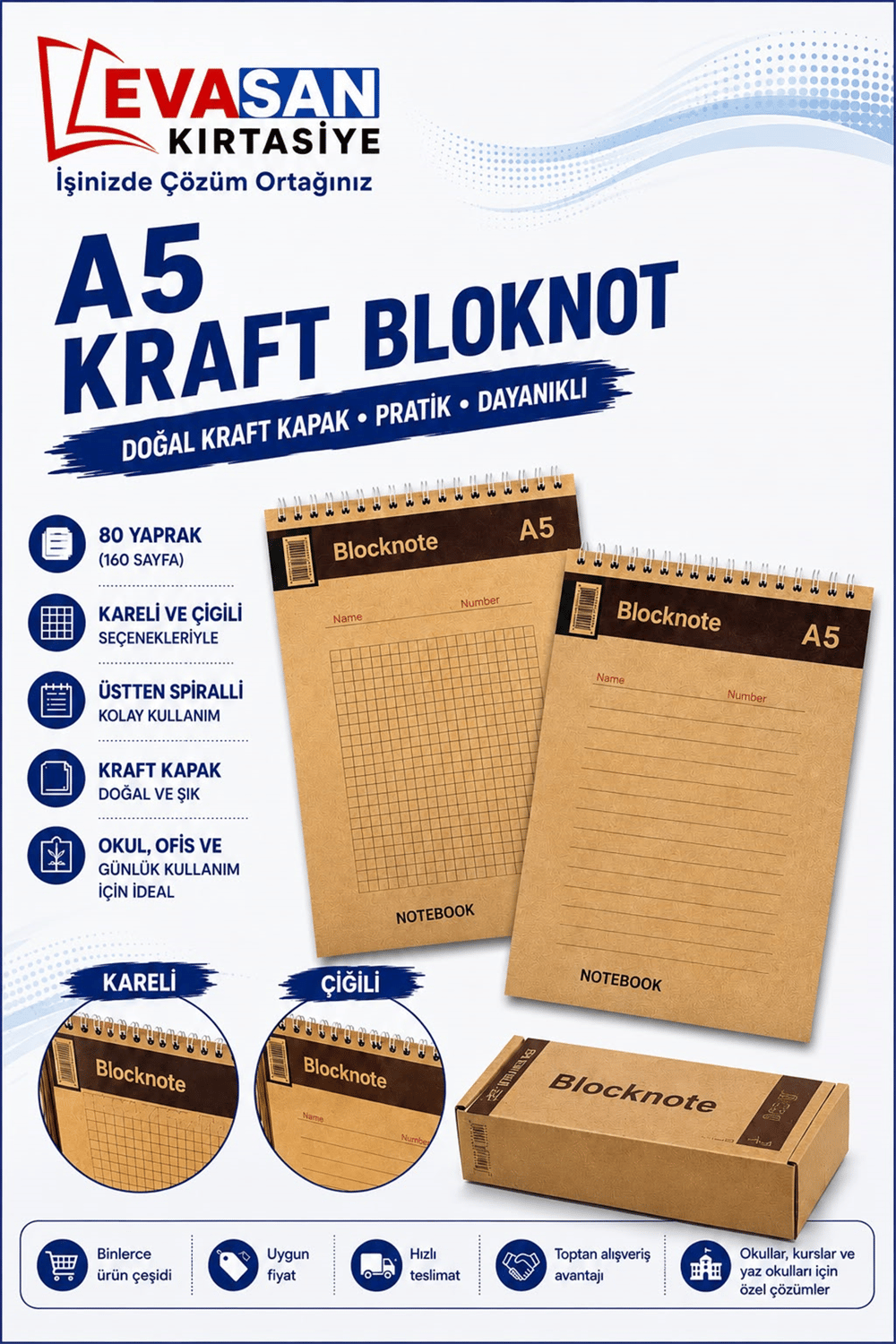 A5 80 YP ÜSTTEN SPİRALLİ KARELİ KRAFT BLOKNOT PK:12 Lİ