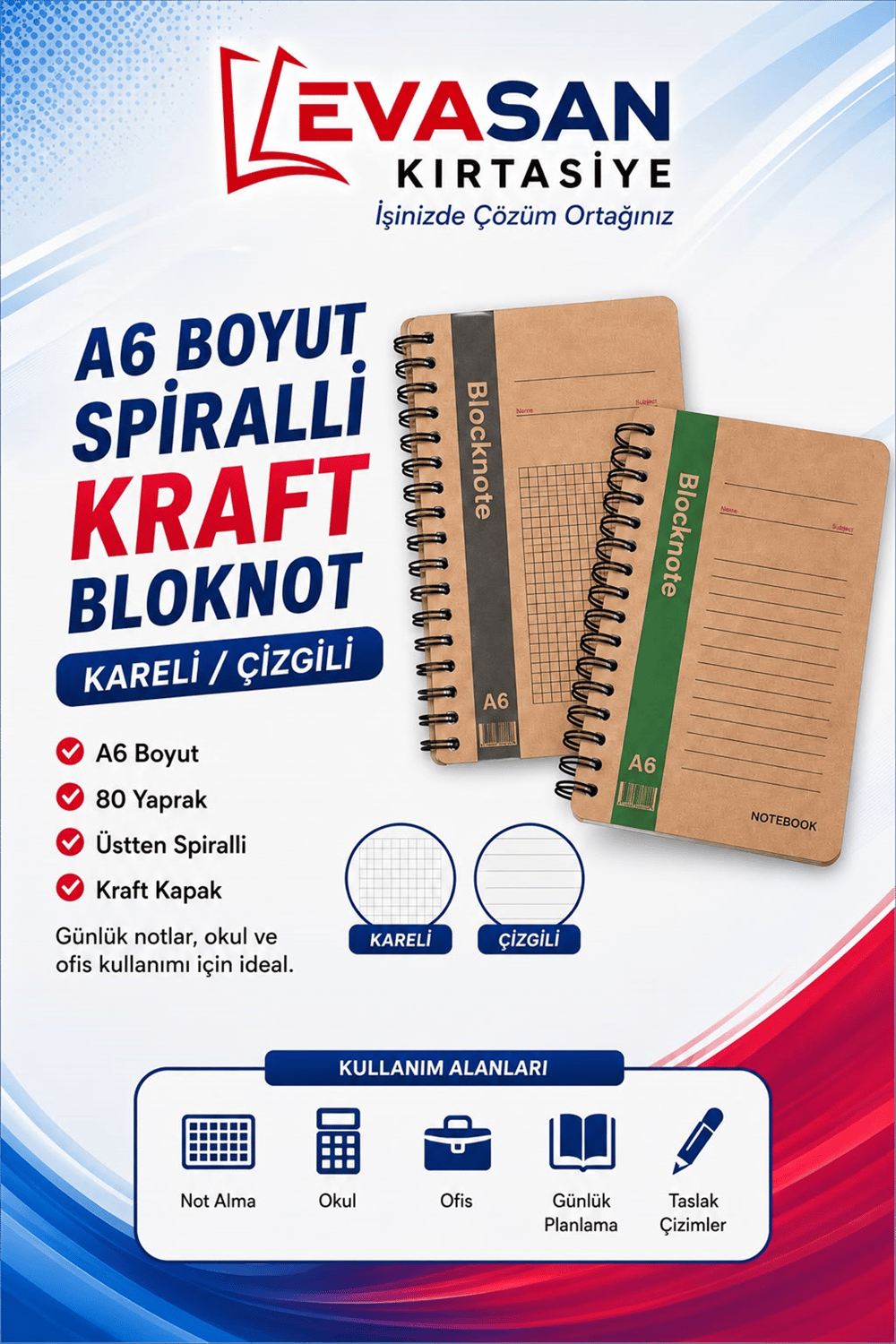 A6 80 YP  SPİRALLİ KARELİ  KRAFT BLOKNOT PK:12 Lİ 