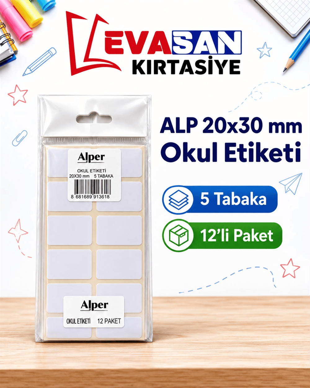ALP 20X30 MM OKUL ETİKETİ 5 TABAKA PK:12 Lİ 