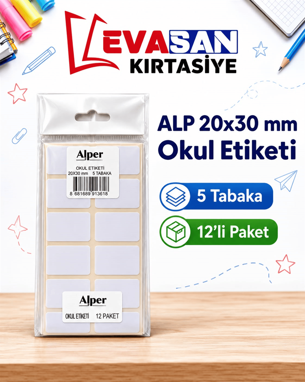 ALP 20X30 MM OKUL ETİKETİ 5 TABAKA PK:12 Lİ 